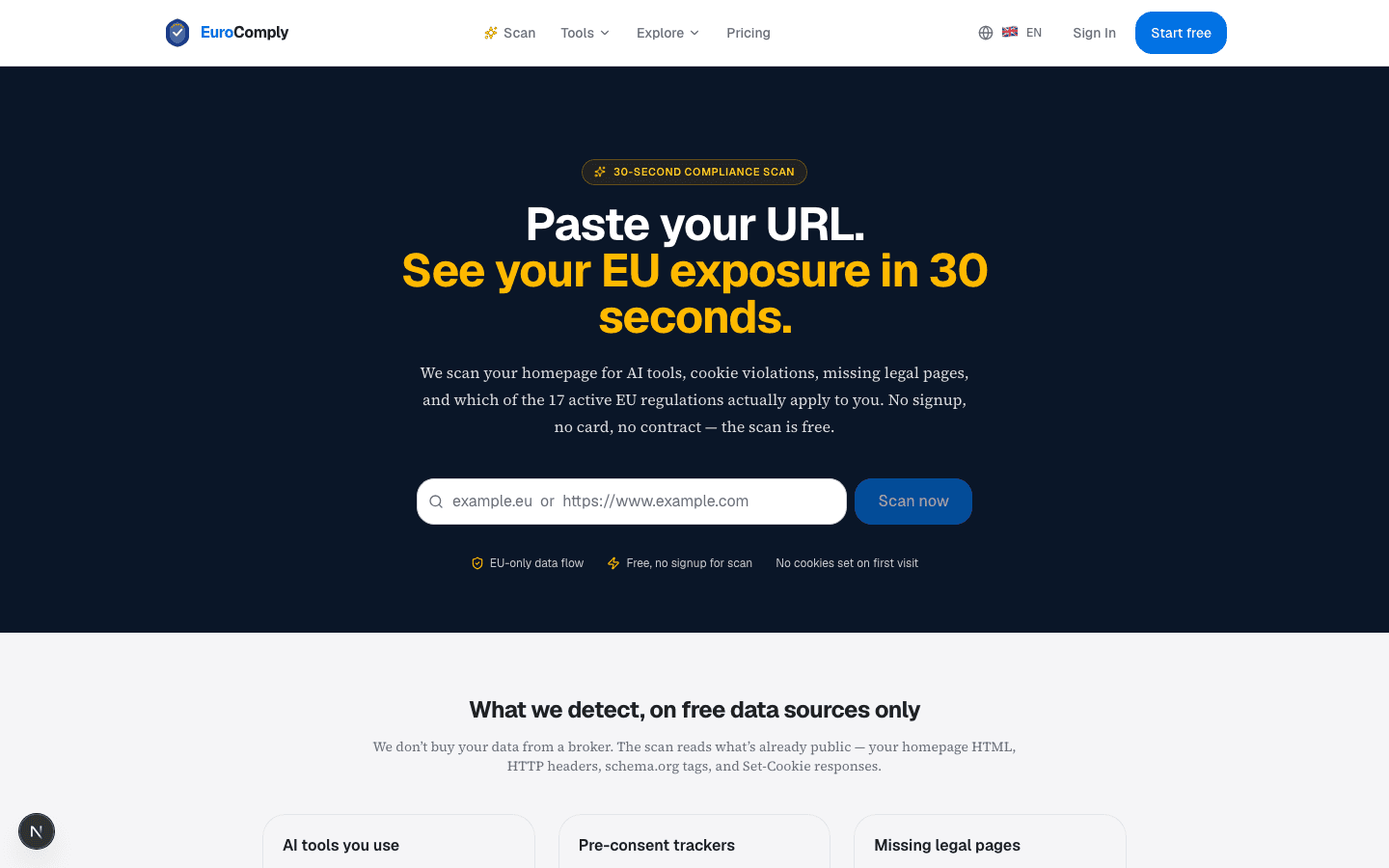 EuroComply scan — see your EU exposure in 30 seconds